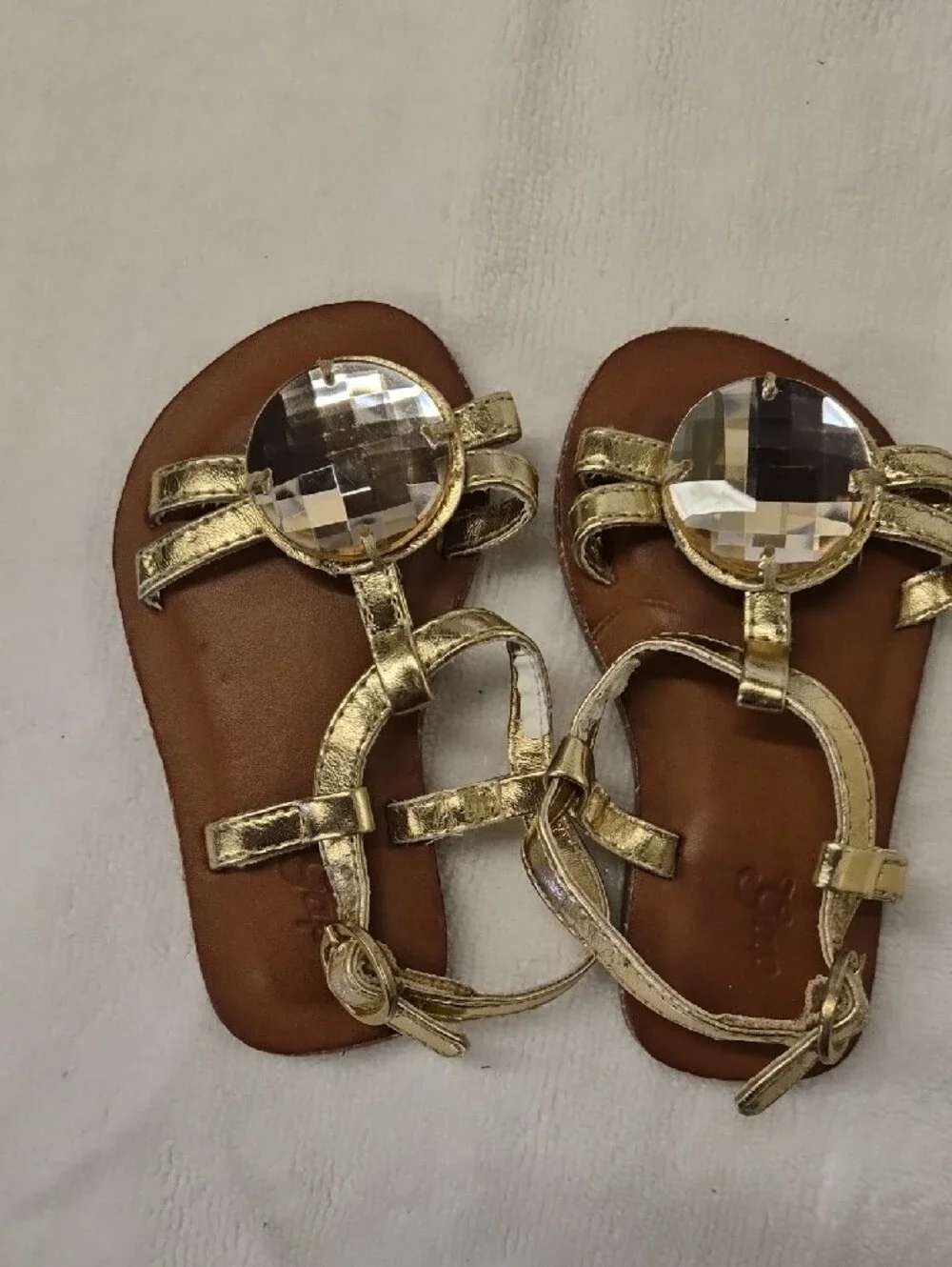 GAP Girls Gold T-Strap Sandals with Clear Crystal Accent